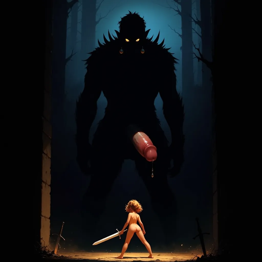Background is dark evil forest, in the darkness a giant monster with spikes looks in the darkness, only its silhouette is visible, it has a giant erect human looking cock and balls, ((giant penis)),
In the foreground is a girl, dwarfed by the size of the monster, she is naked and stands ready to face the monster, she holds a sword,
{{{{Frank Frazetta}}}}