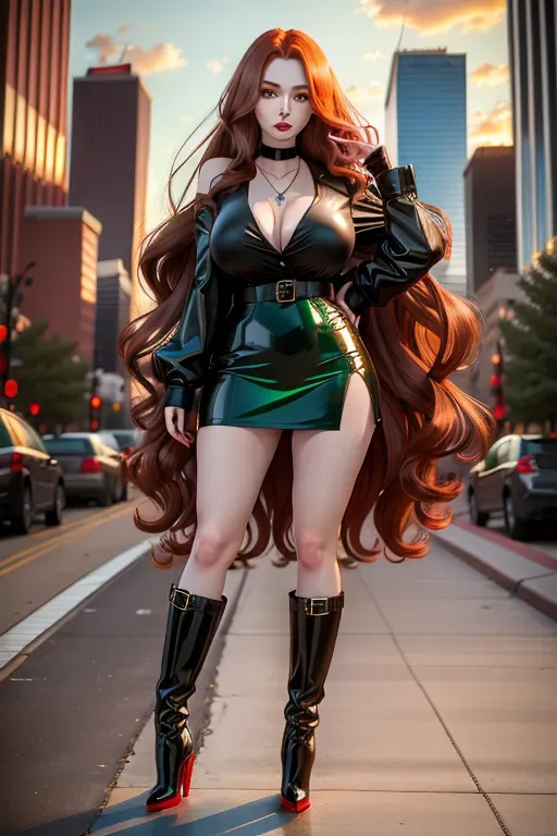 full body, chestnut hair, green eyes, short girl, red miniskirt, black high heel boots, looking at viewer, long hair, pale skin, black necklace, black blouse, 24 years old, giant breasts, cute face, pov, wavy hair, city environment, Oklahoma City