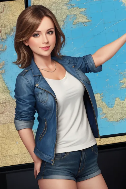 highly detailed, TV weather girl pointing at map of the UK, jacket gapes open, TV studio background