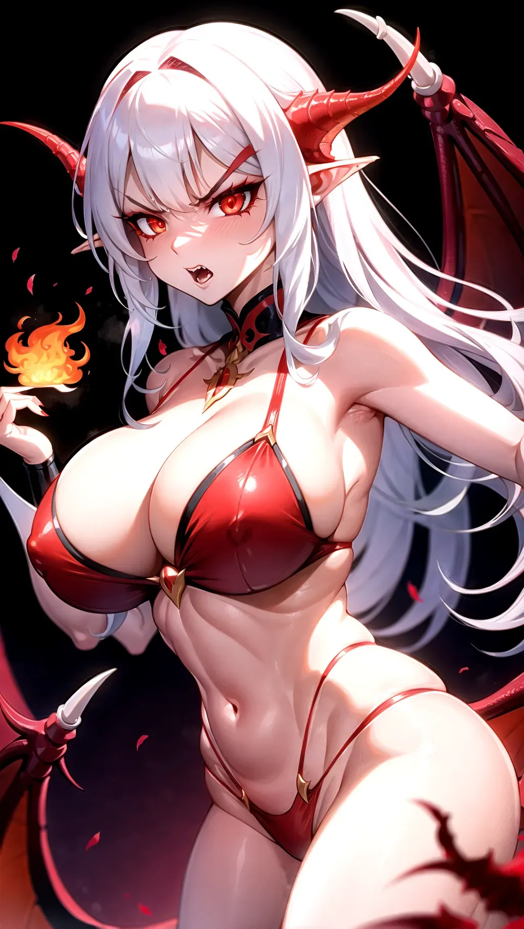 Dragon girl, red scales, big breast, evil eyes, angry, breathing fire,