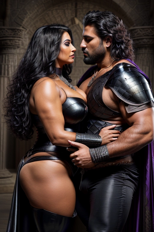 (A professional photograph of a tanned muscular male caucasian fantasy warrior and a voluptuous gorgeous latina woman embracing affectionately and looking into each others eyes)
Male subject has tan skin and muscular physique
Male subject has short dark hair a short trimmed beard
Male subject is shirtless and wearing black leather pants with black plate armor
Male subject has a black handled sword on his belt
Female subject has dark skin and curvy voluptuous feminine physique
Female subject has long thick black hair with loose curls
Female subject is wearing a sheer black silk shawl and black with silver and purple trim royal princess attire with jewelry
Female subject has loving expression
(((background is dark and smoky medieval battlefield)))
<lora:dpmg_add_detail:1>