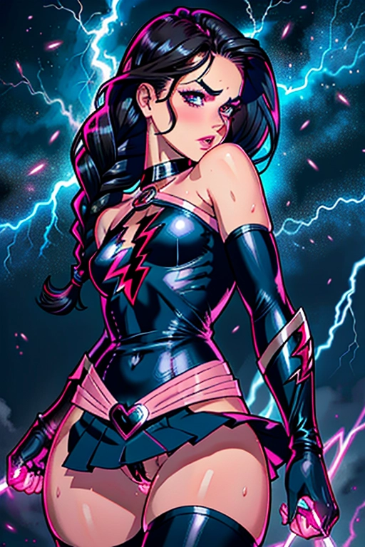 Superhero, sweet, submissive, cute, seducing me, shoulder length braided brunette hair, heavy eyebrows, small nose, blushing full cheeks, full lips, medium breasts, pink and black one piece skirt uniform, lightning emblem on chest, some tummy, full thighs, thick ass, naked, spread ass, throbbing anus, aroused wet vagina, aroused clit, thigh high boots, flying, lightning, ((high definition)), ((4k quality)), ((excellent lighting)), ((great shading)), ((pristine detail)), ((really clear picture)), ((beautiful vibrant colors)), ((accurate at lower prompt guidence)), ((ultra realistic)), (((five fingers per hand))), (((two arms per person))), (((two legs per person)))