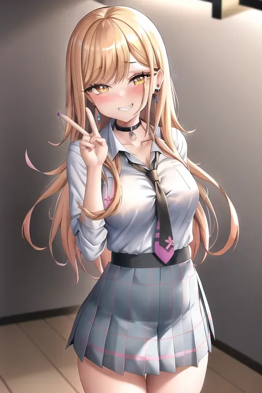 best quality, 1girl, standing, grin, peace sign, earrings, (barbell piercing), looking at viewer, collared shirt, black choker, necktie, skirt, classroom, dpmg_marin_kitagawa_v1
