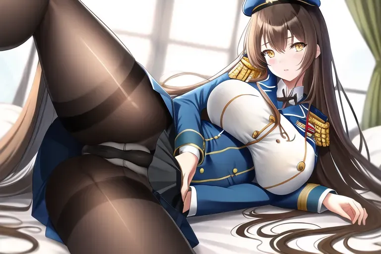 Long Brown Hair, huge Breasts , Pixiv, yellow Eyes, blue military officer uniform, Black Pantyhose