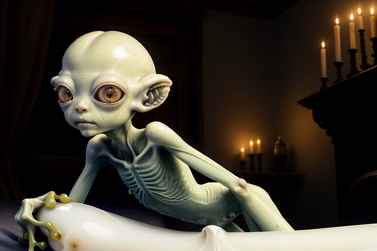 naked 18-year-old very slender young beautiful tiny gentle tree-frog alien Aria Haze in a dark ambient antique bedroom. Guillermo Del Toro film Pans Labyrinth style. she has smooth fair alabaster ivory skin, a huge bulbous bald alien head and a tiny body. she has beautiful huge black obsidian eyes. she is fingering her anus for me. rear view. realistic.