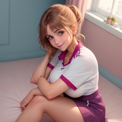 smiling 25 year old girl, a bed in a bedroom, she is sitting on the bed, (((she is leaning her elbows onto her knees))), 8k, netball uniform, her feet are on the floor, ((view from the floor below her)), light brown hair color, (hair tied back with a hair claw), pastel room colors, cushions, pillows, soft toys, soft lighting, (puffy areola nipples)