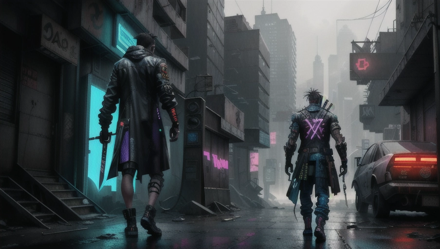 Set in a cyberpunk city, a man walks along carrying an axe. He is seen from behind.