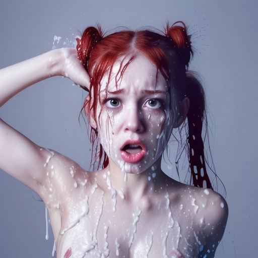 unhappy, scared, 25 year old woman, nude, red head, (crying), (tears mixed with cum), (sobbing), (small tits), flat chest, athletic, red pigtails, mouth wide open, saliva, cum, ((cum splattered on face)), (saliva mixed with cum), cum pouring from mouth, eyes wide open, cum mixing with tears, crying, sobbing, cum mixing and flowing down face to tits, focus on upper body, 4k, photo realistic, iphone