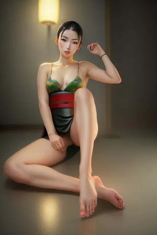 1girl , feudal japan , edo period , night , japanese , highres , short hair, dark hair, black hair, green eyes , almond shaped eyes , thin lips , parted lips, solo, ((masterpiece)),photo referenced::5, pale skin, tenchu, kunoichi, professional, ultra high res, kuugire, stealth, soft feminine facial features, button nose, 25 years old, seductive look, arrogant look, sinister look, detailed face, detailed eyes, dark kimono, feet, foot, toes, toe