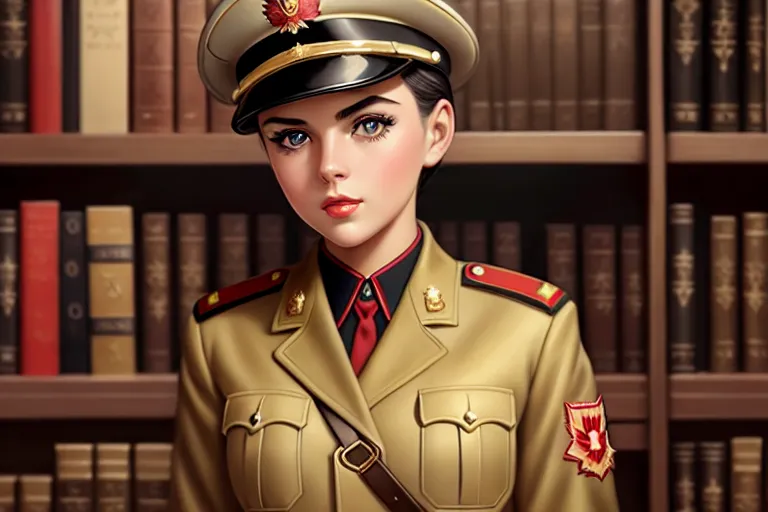a oil painting of,a canadian girl,wearing soviet uniform,walking,at the bookstore,five fingers per hand,short hair,charming face,beautiful lips,detailed large eyes,curved eyebrows,curved eyelid,smooth skin,erotic,wearing golden ring,surreal,sharp focus,cgsociety,editorial,ultra realistic