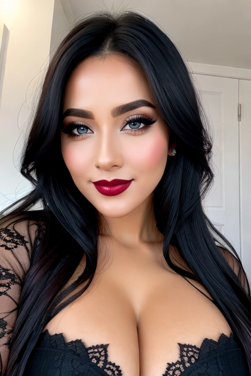 Closeup facial photo, goddess, black_hair, dark_blue_eyes, medium_breasts, lipstick, eyeliner, nipples, realistic, solo_focus, libidinous expression, licentious smile, seductive poses, uncensored,