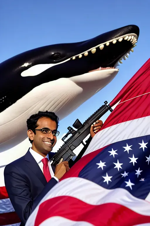 presidential candidate vivek ramaswamy with a machine gun, smiling, riding a killer whale holding an american flag, 8k resolution, (highly defined face), american flag on the whale, face clearly defined, accurate face, detailed face, high quality, ultra high resolution, 4k,