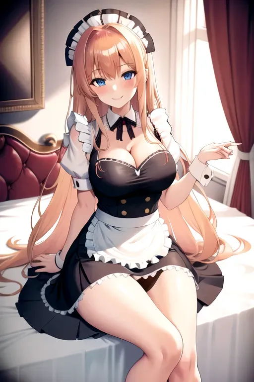 1girl, solo, strawberry blonde hair, high heels, long hair, looking at viewer, on back, feet, blush, underwear, panties, giant breasts, black maid uniform, miniskirt, blue eyes, sitting on bed, pov, smiling, cleavage