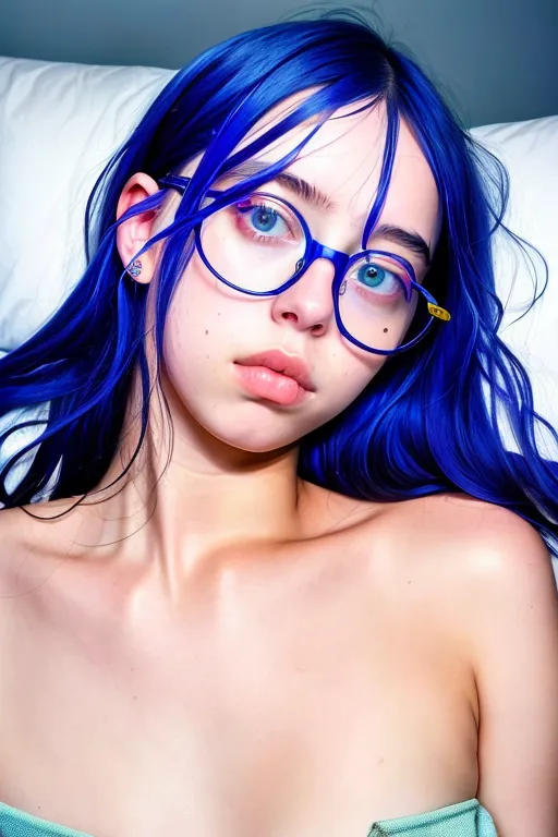 ((maximum resolution possible)), Billie eilish, laying on a bed, wearing glasses, (imperfect skin), textured skin, perfectly drawn skin features, taken with a 40 megapixel dslr digital camera, picture is not pixelated
