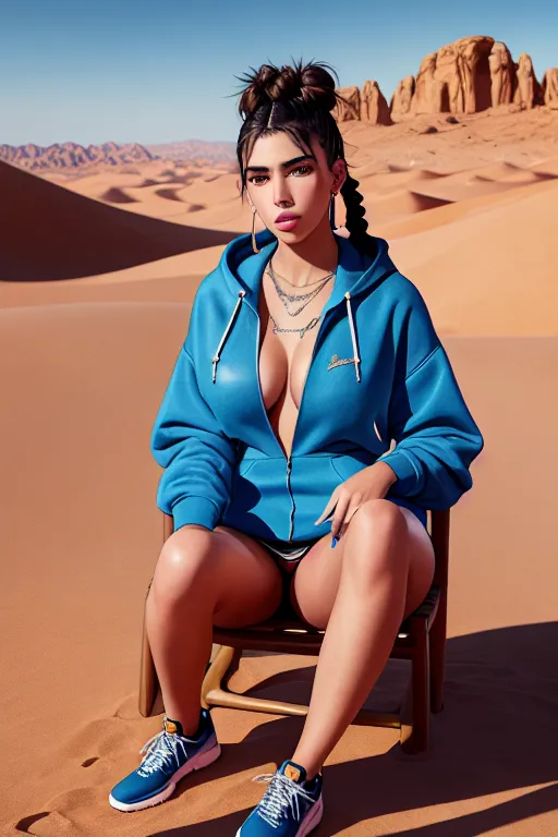 a digital painting of,dua lipa,wearing hoodie,sitting in a chair,in the desert,amazing breasts,five fingers per hand,braids hair,beautiful face,beautiful lips,blue eyes,curved eyebrows,curved eyelid,romantic,tattoo,sharp focus,editorial,surreal,pixiv,studio lighting