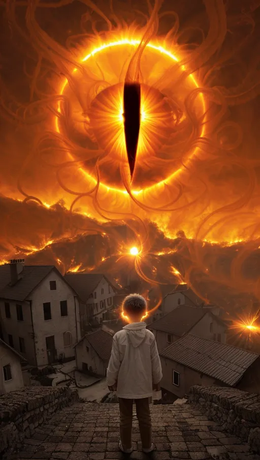 (the sun erupts with solar flares shaped like tendrils),
(The village beneath is on fire),
(A boy wearing white stares up at the eye in the sky),