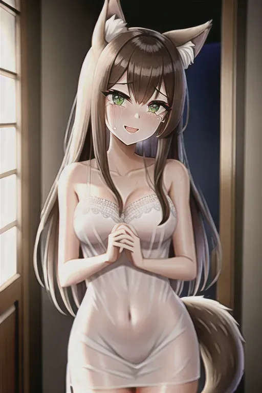 high quality, detailed, anime boy catches anime girl masturbating, brown hair, green eyes, wolf ears on head, fluffy ears, fluffy tail, cute, shocked lewd face, tears, sweat, wet, naked, girl has vampire fangs, dildo penetrating her pussy, missionary, guy is walking in through the door to her room, natural lighting, warm skin tone, 18 years old, girl is in a night gown, pussy exposed, girl looking away