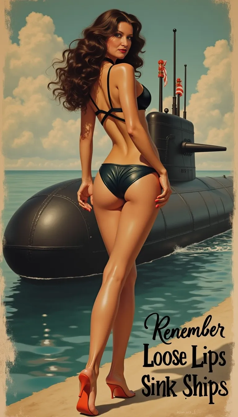 1940s era pinup style poster, 48 year old, long wavy hair, realistic woman, realism, hyper-realistic, long curly wavy dark brown hair, messy hair, curvy feminine figure, leather choker,
medium droopy pear shaped tits, cleavage,
Tight United states inspired mini dress
long legs, bare feet with red painted toe nails, full body view, feminine legs, standing provocatively in front of a Navy Submarine, legs spread wide, ass in photo, looking back toward the camera, Writing on poster reads 'Remember Loose Lips Sink Ships'
