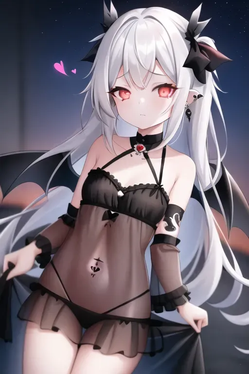 1girl,high quality,night sky,tired,black long hair,night gown,pale,black horns,wings,silver,piercing,front view,side laying,heart tattoo