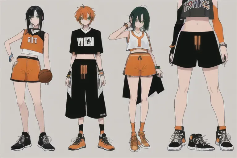 basketball shorts, crop top, bracelet on her left hand, watch on her right hand, sneakers colored orange, white, red faded to black hair, green eyes, and styled long bobs