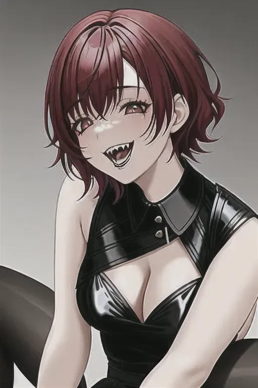 Goth girl with short red hair and small tits laughing while getting fucked on her back with her legs pushed down on her shoulders.