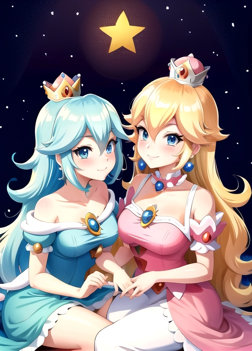 princess peach and princess rosalina, (super mario art style), anime,