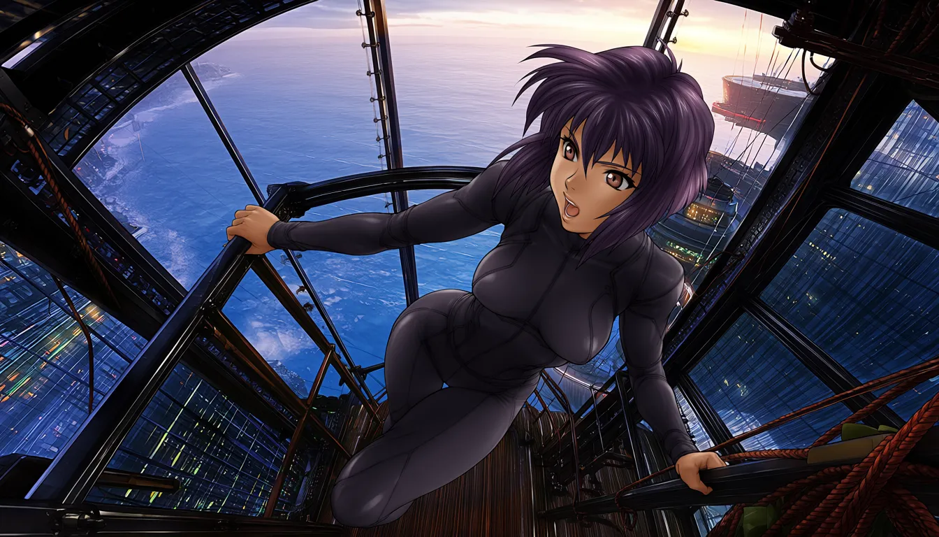 @shirou masamune, cinematicsoftanime, ource_anime, Ghost in the Shell (1995), score_7, score_8, consistent anatomy, {0.70::(dynamic action) | 0.20::(tranquil moment) | 0.15::(meditative mood) | 0.35 :: (paranoid spy mission)},
{@frontal | ultra dynamic angle | in three fourths | from below | from behind, looking back | {from behind):0.05 | from above | dutch angle | extra close up | from side | side view | undershot | top view | overhead view} anime shot, 8K. cinematic shot, vivid colours, depth of field, HDR, highest quality, expert shading, natural anatomy, realistic body,
masterpiece, best quality, (nsfw):1.6, ${core}, ${action_scene}, ${render}, anime action illustration, clear anatomy, natural hands. The subject performs the stated action. One camera view, one setting, one primary vehicle or prop at most.
Young girl Motoko Kusanagi (Ghost in the Shell), very detailed face, facial features emphasized in a subtle way,
${outfit}, ${figure}, ${skin_hair}, ${eyes}.
${outfit=!{
cybernetically augmented body, {full body tight armor|sleek matte-black tactical armor|reflective chrome-plated bodysuit|matte carbon-fiber combat suit|glossy synthetic-leather bodysuit}, covered legs, {form-fitting armored leggings|segmented plated leggings|smooth compression leggings | loose pajamas over naked body| expensive lace lingerie with stockings on bare body| shibari-like cables on naked body | transparent sheer gauze nightgown on naked body | light petticoat with frills on bare body | tactical tight corsette with deep cleavage and open bare hips}
}},
${figure=!{super feminine fit body with long legs, thin waist and wide hips, emphasizing body shape}},
${skin_hair=!{porcelain skin, fair skin, {dark purple | deep violet | charcoal-purple | dark black } bobbed hair {(around her face):0.85 | (floating in the air):0.15 | (blown by strong wind): 0.10 }},
${eyes=!{expressive light purple regular-looking eyes, very detailed face with expert shading}},
###
masterpiece, nsfw,
${core}, ${world}, ${finish}, anime action illustration, clear anatomy, natural hands.
Exactly one visible human person. The protagonist performs the stated grounded action and is physically connected to the specified vehicle, floor, ladder, rope, water, object, or surface. One continuous scene and one camera view.
###
${core=!{1girl, adult, solo, full body, action in progress}},
${finish=!{
0.75::clear readable action, simple controlled background, strong subject-environment interaction
|0.25::{1-2$$subtle motion blur|light environmental particles|clear directional lighting}
}},
${world=!{
0.85::sprinting across a rain-soaked rooftop between neon-lit skyscrapers, one hand steadying against a satellite dish, thermoptic-camouflage shimmer at the edges, blue-hour cyberpunk skyline
|0.85::seated in the passenger cabin of one autonomous think-tank vehicle, both hands resting on a data terminal, driving through an elevated highway above a dense megacity, overcast afternoon
|0.80::crouched behind one ventilation unit on a corporate tower rooftop, one hand against the cold metal, tracking a target through the haze below, dusk neon glow
|0.80::wading through knee-deep water in a flooded underground server vault, one hand trailing along a cable conduit, flickering emergency lights, tense blue shadows
|0.75::climbing a maintenance ladder inside a colossal offshore data-fortress, one hand gripping a rung, distant tanker lights on the horizon, cold gray dawn
|0.75::interfacing with an exposed neural jack panel in a derelict factory, one hand steadying the cable, sparks drifting in still air, industrial twilight
|0.70::standing at the edge of a shattered glass skywalk after an explosion, one hand bracing against a twisted railing, smoke curling upward, harsh afternoon sun
|0.70::running with all speed, pursuing a fleeing cyborg informant through a crowded night market alley, one arm extended forward, lantern light and steam from food stalls, warm humid evening
|0.65::infiltrating a corporate server room through a narrow ceiling duct, both hands gripping the frame, cold cyan terminal glow below, silent tension
|0.60::confronting a hacked puppet operative in an abandoned subway tunnel, one hand raised in a defensive stance, flickering fluorescent tubes, damp concrete
|0.55::descending through misty harbor fog on a patrol boat, one hand on the boat's railing, distant tanker horns, pale blue morning light
|0.30::sitting cross-legged on a tatami floor in a small vintage-futuristic apartment, one hand cradling a warm ceramic cup, holographic display glowing softly beside an old wooden shelf, quiet evening lamplight
|0.28::diving slowly toward the sunken ruins at the bottom of a city lake, one hand reaching toward a submerged neon sign, sunlight fracturing into caustic ripples above, serene silence
|0.25::standing on a quiet apartment balcony overlooking a rain-washed megacity at dawn, one hand resting on the railing, soft gray morning light, distant hum of traffic below
|0.22::seated at a narrow counter inside a packed izakaya, one hand around a small ceramic cup, steam rising from grilled skewers, warm lantern light, quiet chatter around her
|0.20::walking through a narrow candlelit shrine alley between tall apartment blocks, one hand brushing a paper lantern, soft rain, reflective wet stone path
|0.18::resting on a rooftop garden ledge above the city at night, one hand holding a small potted plant, distant skyline lights blurred in humid air, calm stillness
|0.15::browsing a cluttered secondhand cybernetics shop, one hand examining an old mechanical arm on a shelf, dusty warm lamplight, quiet late afternoon
}}