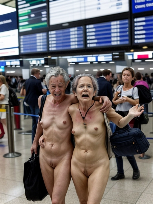 a naked middle aged lady, realistic face, is having sex in public with her girlfriend in a crowded airport