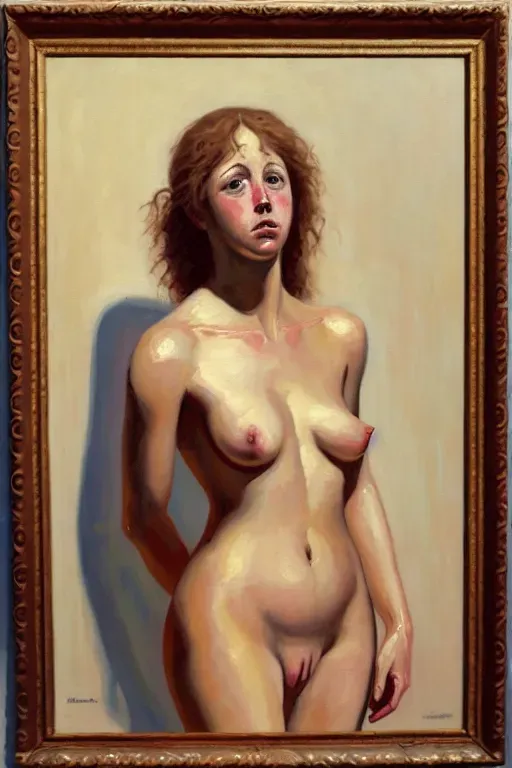a painting of an embarrassed naked female