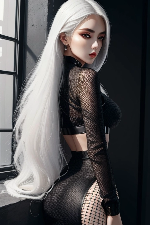 8k, masterpiece, extremely detailed young woman, beautiful detailed face, long white hair, slim body, sexy tight two piece black dress, full body black fishnets