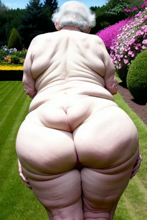 (great grandmother),(90 years old),(naked),(wrinkled body), flabby, in garden, fat ass , bent over, showing ass