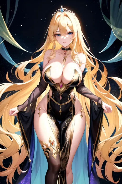 Graceful and slender body, Eyes that shimmer like deep pools of uncertainty, Long flowing raven-black hair, Porcelain-pale skin that contrasts with her dark hair,
Aura of timeless elegance and mystique, Form-fitting gown made from shimmering otherworldly fabric, Dress features intricate patterns and symbols reflecting the dimensions and forces, Ornate choker-style necklace with an enigmatic sigil pendant, Elaborate arm cuffs adorned with arcane markings, Knee-high, intricately designed boots blending modern style with surreal elements, transparent diaphanous gown with iridescent patterns, Celestial belt adorned with stardust-like gemstones, Shimmering bracelets, Intricate tiara adorned with luminescent gemstones, Golden blonde hair cascading down her shoulders in loose waves, Vibrant combination of deep emerald and sapphire eyes, Full and luscious lips with a natural flush, Radiant smile with a perfect balance of warmth and mischief, Captivating hips, alluring sides, and shapely waist, Enchanting gaze revealing boundless compassion and unwavering faith, Mesmerizing beauty that seems to radiate from within,