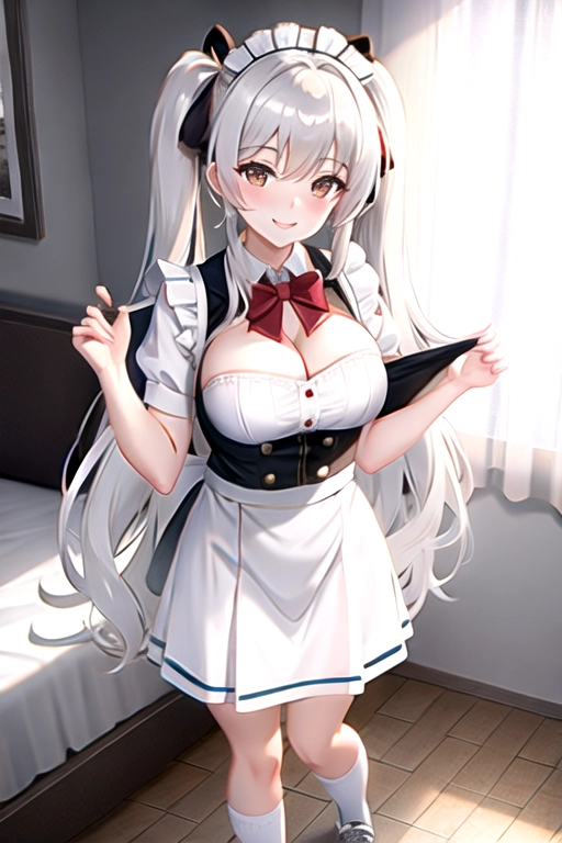 8k quality, brown eyes, pale white skin, white hair, giant breasts, cleavage, looking at viewer, pov, long hair, wavy hair, standing in bedroom, maid uniform, roller skates, miniskirt, pigtails, full body photo, smiling