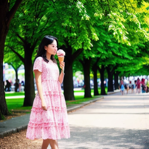 sexy girl eating icecream with a long nice pink dress in a park, summer time