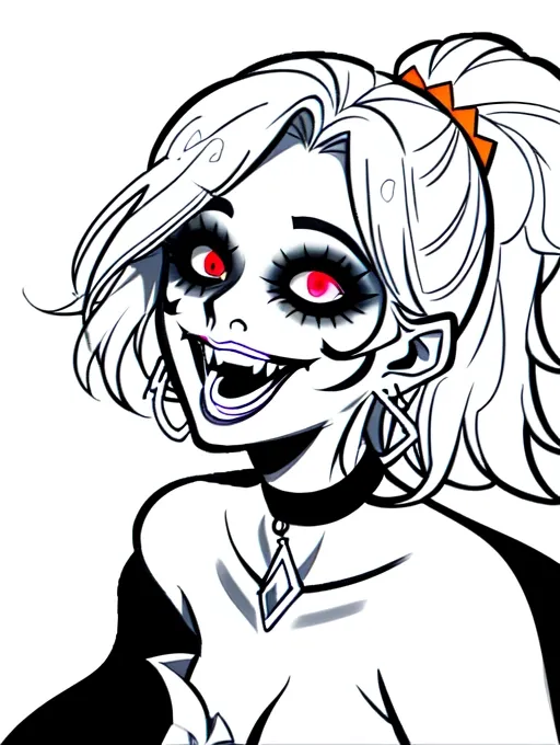 line drawing of a laughing female zombie, sensual full makeup, diamond choker, earrings, solid white background
