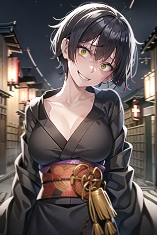 1girl, short black hair, green eyes, samurai, yukata, constricted pupils, yandere, light smile, crazy eyes, looking at viewer, kyoto night alley, atmospheric lighting, night sky, blood on clothes, torn clothes, head tilt, torn dress <lora:dpmg_crazy_expression:1>