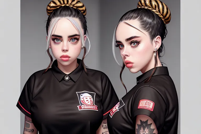 a concept art of,billie eilish,wearing burger clothes,standing,at the office,big breasts,five fingers per hand,updo hair,charming face,beautiful lips,brown eyes,curved eyebrows,curved eyelid,pale skin,peaceful,tattoo,unreal engine,smooth,editorial,highly detailed,pixiv