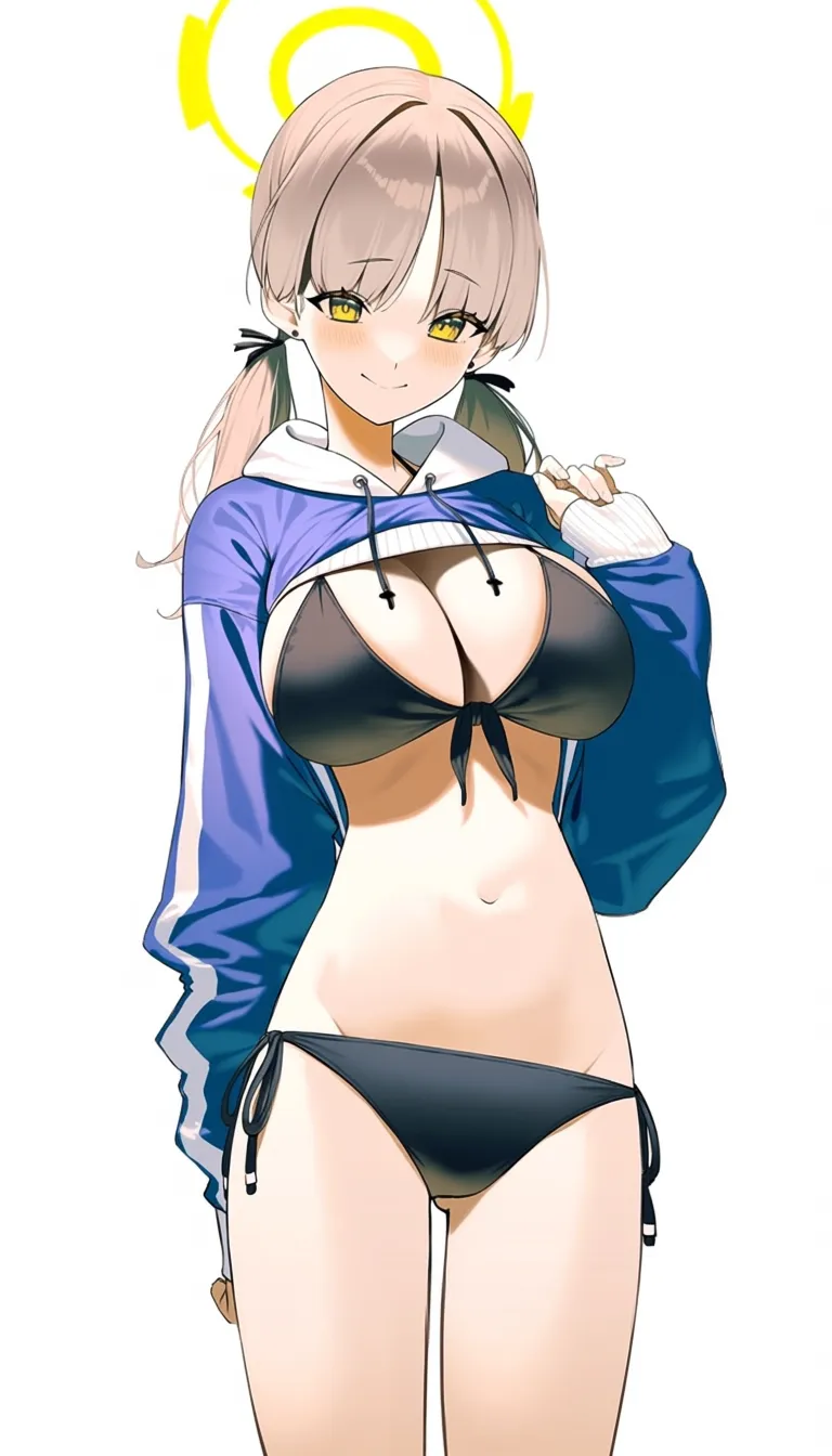 1. Begin with a white background. 2. Draw a girl in a black bikini, including a front-tie top and side-tie bottoms, showing off her navel and large breasts. 3. Give the girl brown hair styled in low twin tails. 4. Add a subtle blush on her cheeks, and a smile on her face. 5. Place a yellow halo above her head. 6. Dress her in a blue hoodie with long sleeves, but the hood is down. 7. Make sure to use a clean, vibrant art style akin to that of @pro-p.