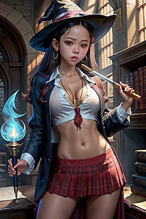 Jenna Ortega at hogwarts, seductive look, slutty school outfit, rubbing wand across her clit, magic, open blouse, witch, magic surrounding her, casting spell