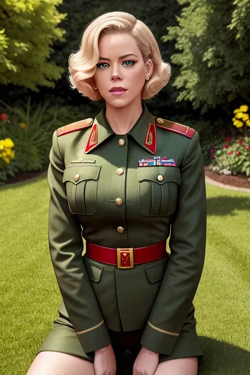 a digital art of,Elizabeth banks,wearing soviet uniform,all-fours,in the garden,natural breasts,five fingers per hand,short hair,beautiful face,beautiful lips,green eyes,curved eyebrows,curved eyelid,textured skin,satisfaction,tattoo,professional,sharp focus, wide shoot,