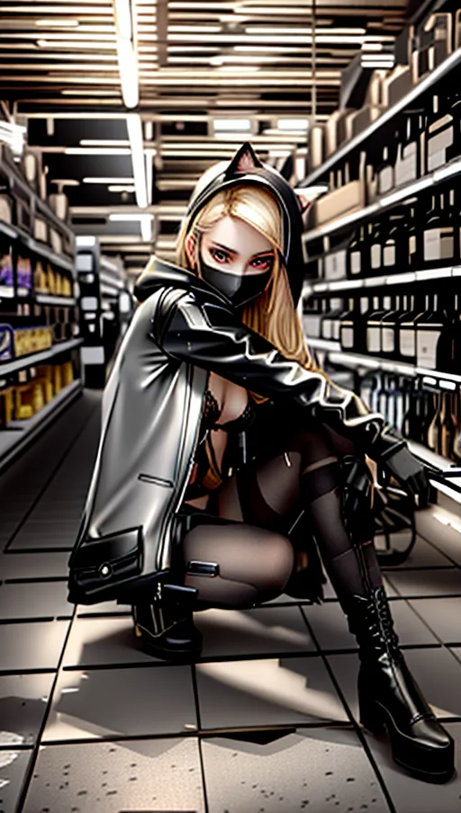 View from below, cute skinny blonde girl, wearing black fleece jacket, black lace bra, wearing a mask, choker, lace cat ears, plaid skirt, black leggings, boots, crouched looking into the camera, both arms extended onto her knee,
8k resolution, hyper realistic,
(Masterpiece), (high resolution), (high definition), (beautiful details),
(perfect lighting),
((skinny)), ((slim body)), ((small breasts)), petite, thigh gap,
(light complexion),
realistic beautiful detailed face, high cheek bones, showing her fangs, sparkling teeth,
Long lashes, black eyeshadow, black lipstick, soft puffy lips, background of store aisle