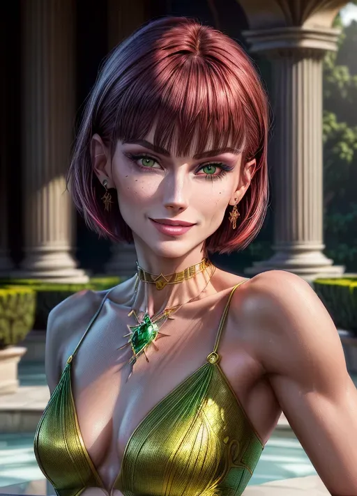 (Ultra realistic illustration:1.2), (face portrait of Vicca from Andrew Blake movies aka Viktoria Kokorina:1.2) (short darkred hair:1.2), (high cheek bones:1.4), medium breasts with erect nipples, toned body, toned arms and legs, abs, large golden earrings, golden choker, golden bracelets on upper arms and wrists, (detailed sexy green eyes:1.2), thin arched eyebrows, very beautiful face, (erotic and mysterious smile:1.1), (portrait focusing on face and upper body:1.2),
Andrew Blake film location at luxurious italian marble mansion with luxurious gardens with green grass and trees, large pool, marble status and columns,
<lora:dpmg_add_detail:1.4>, vivid colors, cinematic composition, artificial light, UHD, HDR, highest quality, highest resolution, (photorealism:1.2), (masterpiece:1.4)