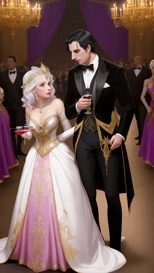 amidst the revelry of a grand masquerade ball, a clumsy servant trips spilling wine on beautiful auburn haired Queen Anna of Arendelle in a satin, pearl and gold masked, pristine white heirloom ball gown. An opportunistic Marquies De Sade looking on. photorealistic. High resolution