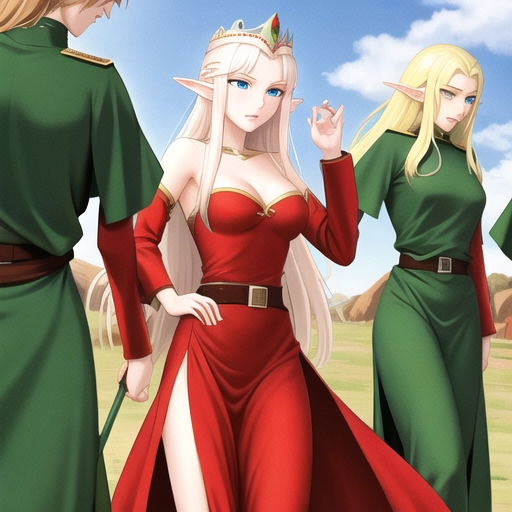 Tall Elf Queen commanding female elf soldiers