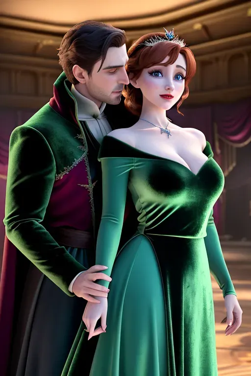 Disney,wide eyes,European,Anna of Arendelle,blood trickling from bite on neck,neck high green velvet modest dress with fold over flap,separate Count Dracula in black and red embracing from behind his fangs upon her neck,modest breasts,five fingers per hand,sweet face, beautiful lips,curved eyebrows,straight auburn hair, medium long hair, theateric dramatic club lighting,ultra realistic,pixiv,unreal engine,bokeh, fingers on arched neck, Frozen 2