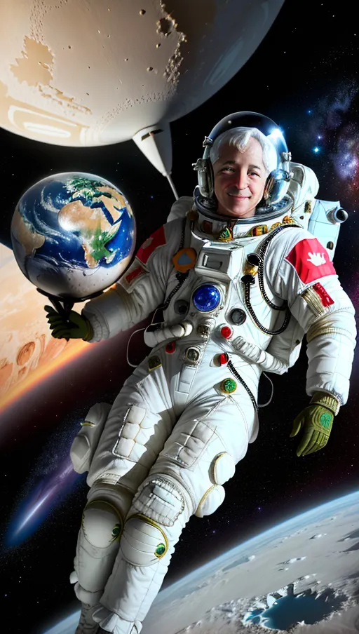 ((Canadian) Apollo astronaut ((Marc Garneau)) standing on the moon,
(Highly detailed accurate lifelike facial features),
(Good face), brave, gentle smile, intelligent,
(Highly detailed accurate Canada Maple Leaf flag) on upper arm of space suit,
with (highly detailed accurately coloured globe earth) suspended in space behind him,
((Highly detailed highly accurate AVRO Arrow fighter jet flying in background)),
Highly detailed, highly accurate, absurdres,