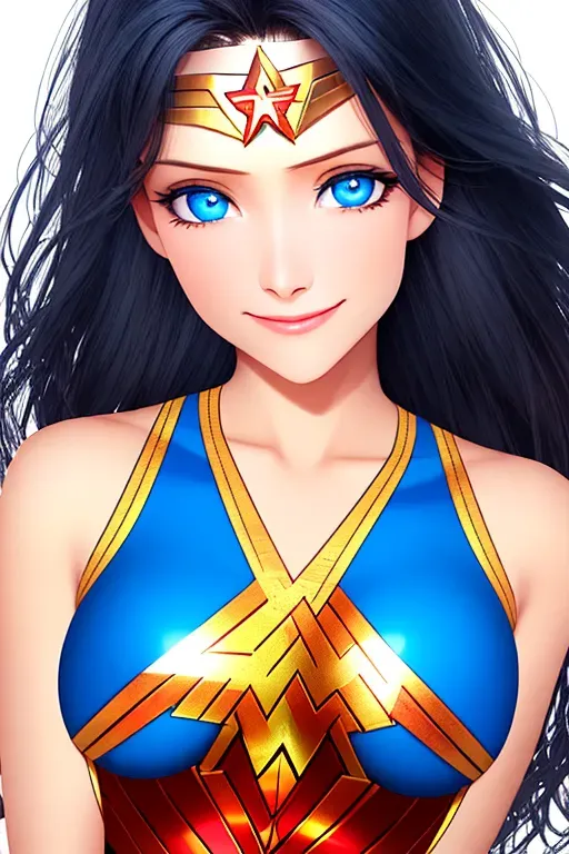 Wonder Woman as a shy and innocent beautiful young woman with perfect body, huge blue eyes, tender smile, black hair, wonder woman costume