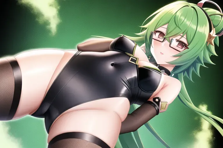 a picture, of sucrose from genshin impact with green hair, round glasses and long pubic hair coverin all crotch