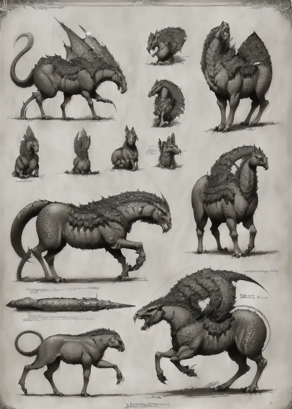 ((8k, high detail, ultra-crisp, high resolution)) character design sheet from ((artist Edward binkley of Medieval bestiary art)) (((video game concept art))) realistic animal anatomy (strong line art)