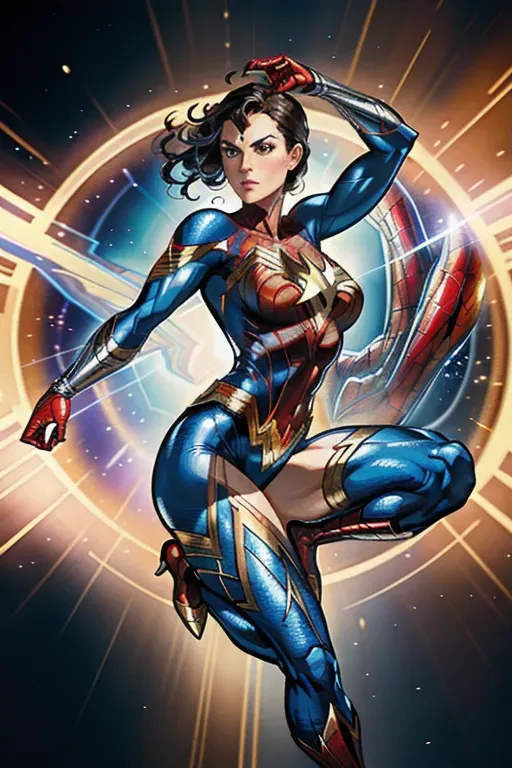 clear portrait of a superhero concept between spiderman and wonderwoman, cottagecore, background hyper detailed, character concept, full body, dynamic pose, intricate, highly detailed, digital painting, artstation, concept art, smooth, sharp focus, illustration, art by artgerm and greg rutkowski and alphonse mucha